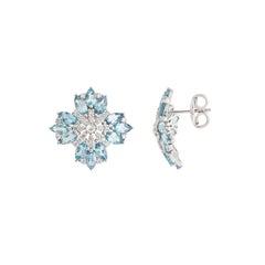 Orecchini a bottone contemporanei con acquamarina blu e diamanti a forma di fiore, in oro 18 carati