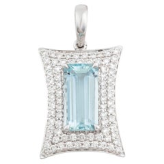 Art Deco Style Emerald Cut Blue Aquamarine & Diamond Pavé Pendant 18K White Gold