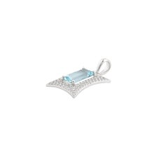 Art Deco Style Emerald Cut Blue Aquamarine & Diamond Pavé Pendant 18K White Gold