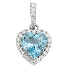 Romantic Heart Shaped Aquamarine & Round Diamond Halo Pendant in 18K White Gold