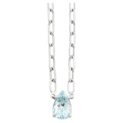 Delicate Pear Cut Aquamarine Solitaire Necklace with Paperclip Chain in 18K Gold