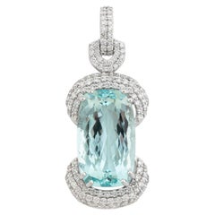 Statement Elongated Cushion Aquamarine & Diamond Pavé Pendant in 18K White Gold