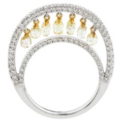 Modern 2.39 Carat Yellow Briolette Diamond Dangle Ring 18K White Gold Pave Set
