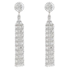 Modern Baguette Diamond Tassel Chandelier Earrings Sunburst Top 18K White Gold