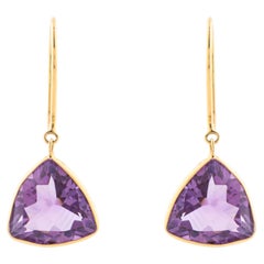 Modern Trillion Cut Amethyst Dangle Earrings in 18K Yellow Gold Bezel Hook Drop