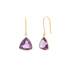 Modern Trillion Cut Amethyst Dangle Earrings in 18K Yellow Gold Bezel Hook Drop
