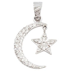 Vintage Crescent Moon & Dangling Star Pavé Diamond Pendant Charm 18K White Gold