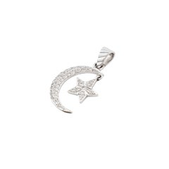 Vintage Crescent Moon & Dangling Star Pavé Diamond Pendant Charm 18K White Gold