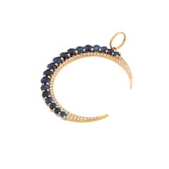 Classic Crescent Moon Blue Sapphire Diamond Pendant in 18K Yellow Gold Prong Set