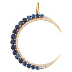 Classic Crescent Moon Blue Sapphire Diamond Pendant in 18K Yellow Gold Prong Set
