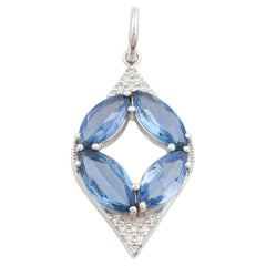 Prong Set 2.95 CT Blue Sapphire & Diamond Cluster 18k Gold Pendant with Chain