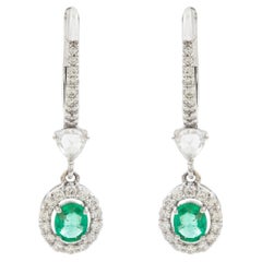 Estate Style Natural Emerald & Rose Cut Diamond Drop Earrings 18K Gold Heirloom