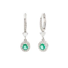 Estate Style Natural Emerald & Rose Cut Diamond Drop Earrings 18K Gold Heirloom