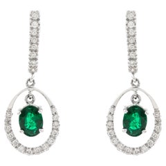 Estate Style 1.64CT Emerald & Diamond Floating Halo Drop Earrings 18K White Gold
