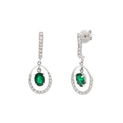 Estate Style 1.64CT Emerald & Diamond Floating Halo Drop Earrings 18K White Gold