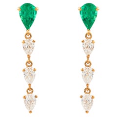 Pear Cut Emerald & Diamond Linear Drop Earrings in 18K Gold, Contemporary Style