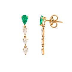 Pear Cut Emerald & Diamond Linear Drop Earrings in 18K Gold, Contemporary Style
