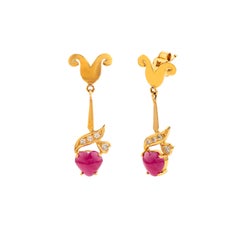 Mid-Century Heart Shaped Cabochon Ruby Diamond Drop Earrings in 18K Yellow Gold
