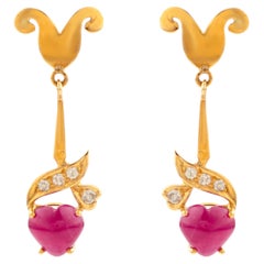 Mid-Century Heart Shaped Cabochon Ruby Diamond Drop Earrings in 18K Yellow Gold