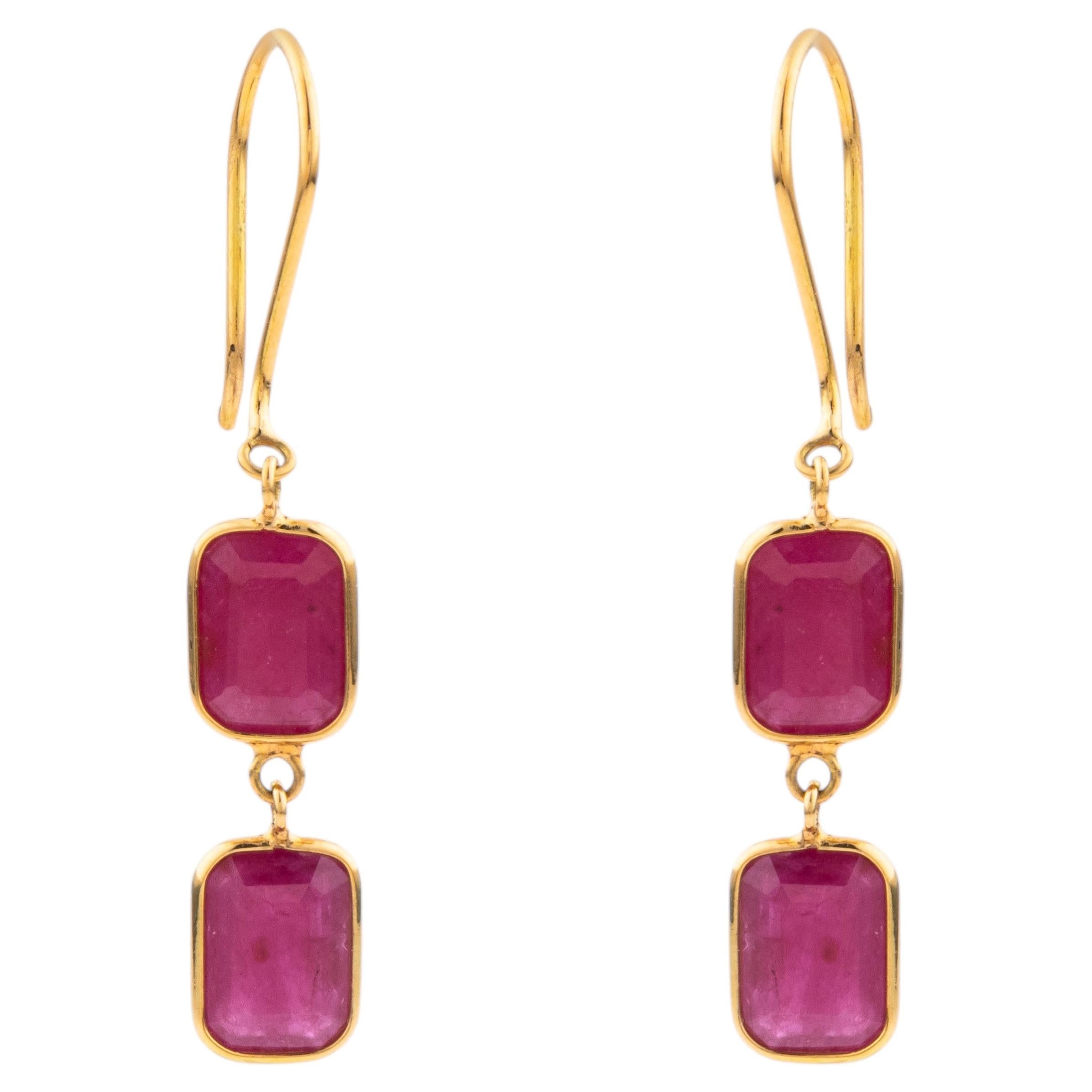 Modern Emerald Cut Ruby Double Drop Dangle Earrings in 18K Yellow Gold Bezel Set For Sale