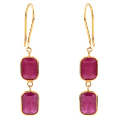 Modern Emerald Cut Ruby Double Drop Dangle Earrings in 18K Yellow Gold Bezel Set