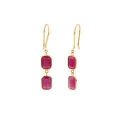 Modern Emerald Cut Ruby Double Drop Dangle Earrings in 18K Yellow Gold Bezel Set