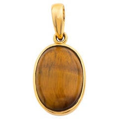 Dainty Bezel Set Oval Tiger’s Eye Cabochon Solitaire Pendant Necklace 18K Gold