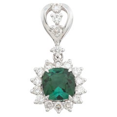 Cushion Green Tourmaline & Diamond Halo Cluster 18k White Gold Pendant Necklace