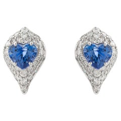 Heart Cut Real Blue Sapphire Pave Diamond 18k White Gold Teardrop Stud Earrings