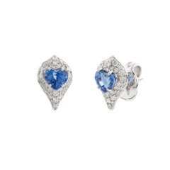 Heart Cut Real Blue Sapphire Pave Diamond 18k White Gold Teardrop Stud Earrings