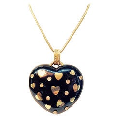 Vintage Onyx Diamond Gold Large Doublesided Puffy Heart Pendant