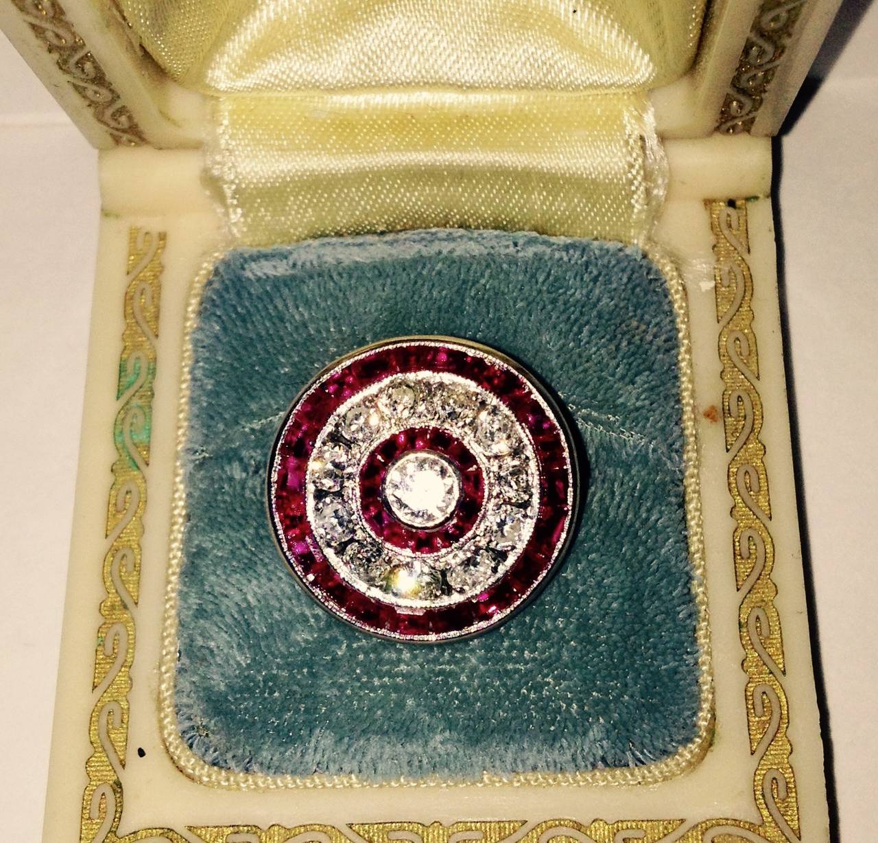 Women's Art Deco Caliber Cut Ruby Diamond Platinum Bull's Eye Cocktail Ring For Sale