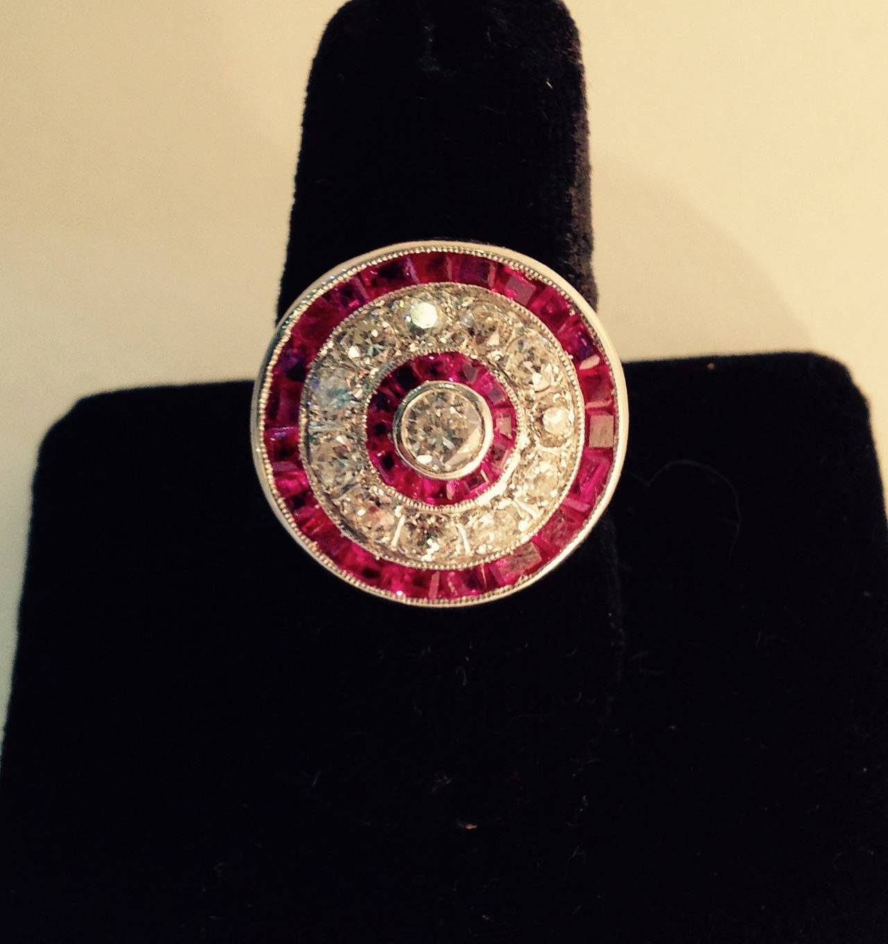 Art Deco Caliber Cut Ruby Diamond Platinum Bull's Eye Cocktail Ring For Sale 1