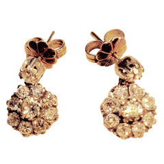 Edwardian Gold Platinum Rosetta Floral Cluster Diamond Drop Earrings