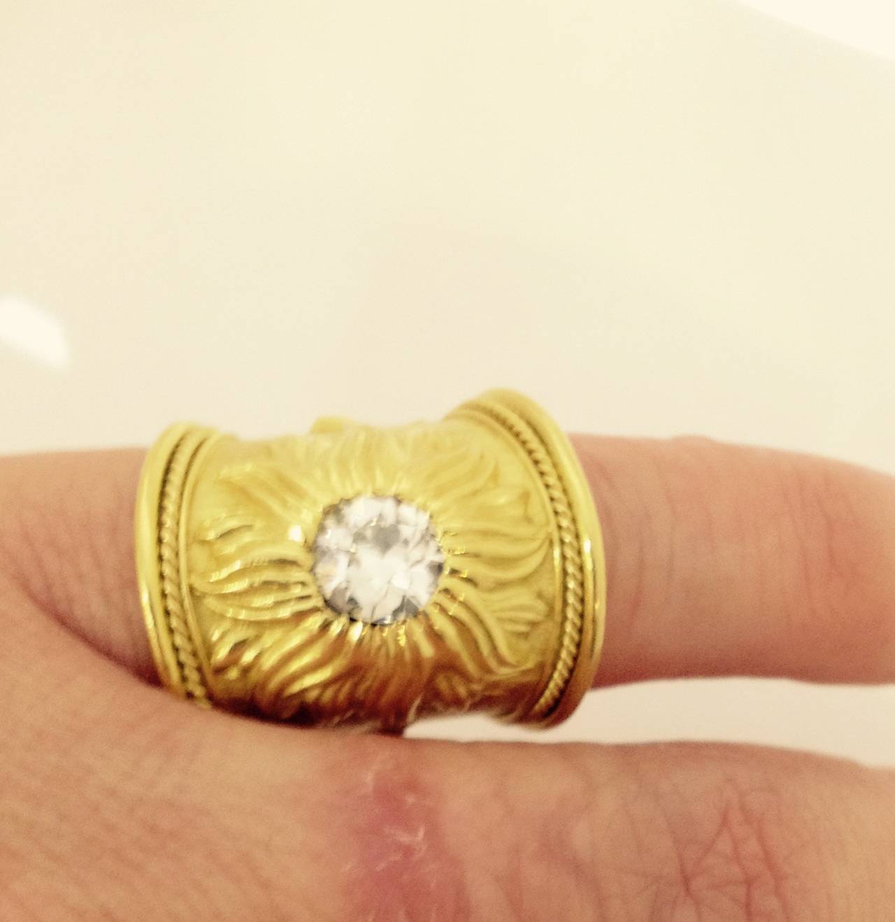 1980s Elizabeth Gage Diamond Gold Wide Band Sunflower Ring 3