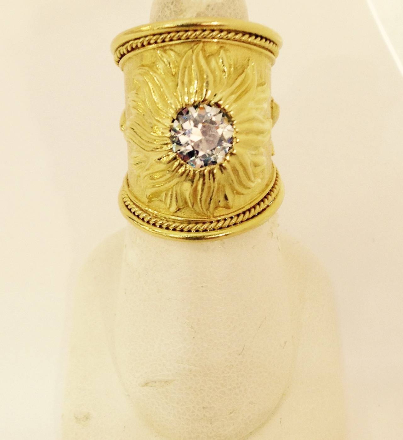 1980s Elizabeth Gage Diamond Gold Wide Band Sunflower Ring 1