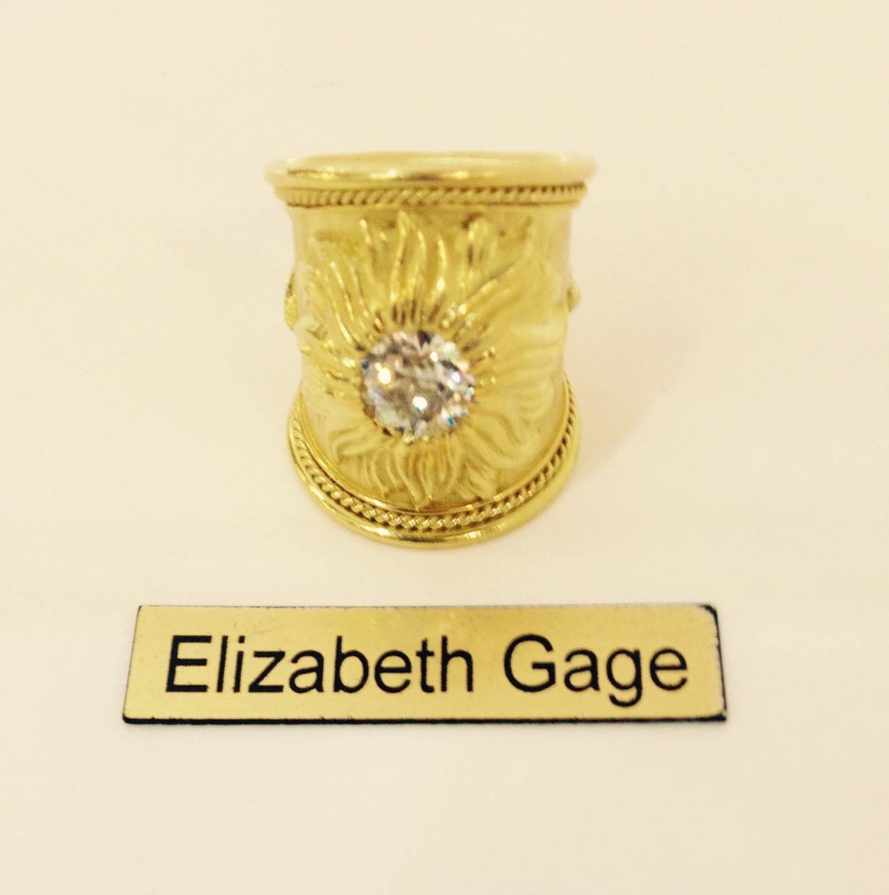 1980s Elizabeth Gage Diamond Gold Wide Band Sunflower Ring In Excellent Condition In New York, NY