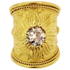 Vintage 1980s Elizabeth Gage Diamond Gold Wide Band Sunflower Ring