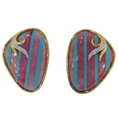 1970s Unusual Pink Rhodolite Turquoise Diamond Candy Stripe Ear Clips
