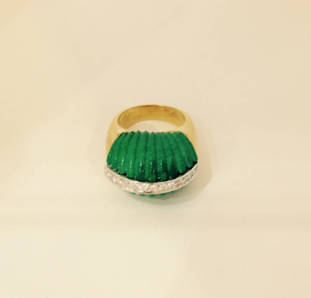 1960s Fluted pastel color Malachite Diamond Gold Bombe Cocktail Ring