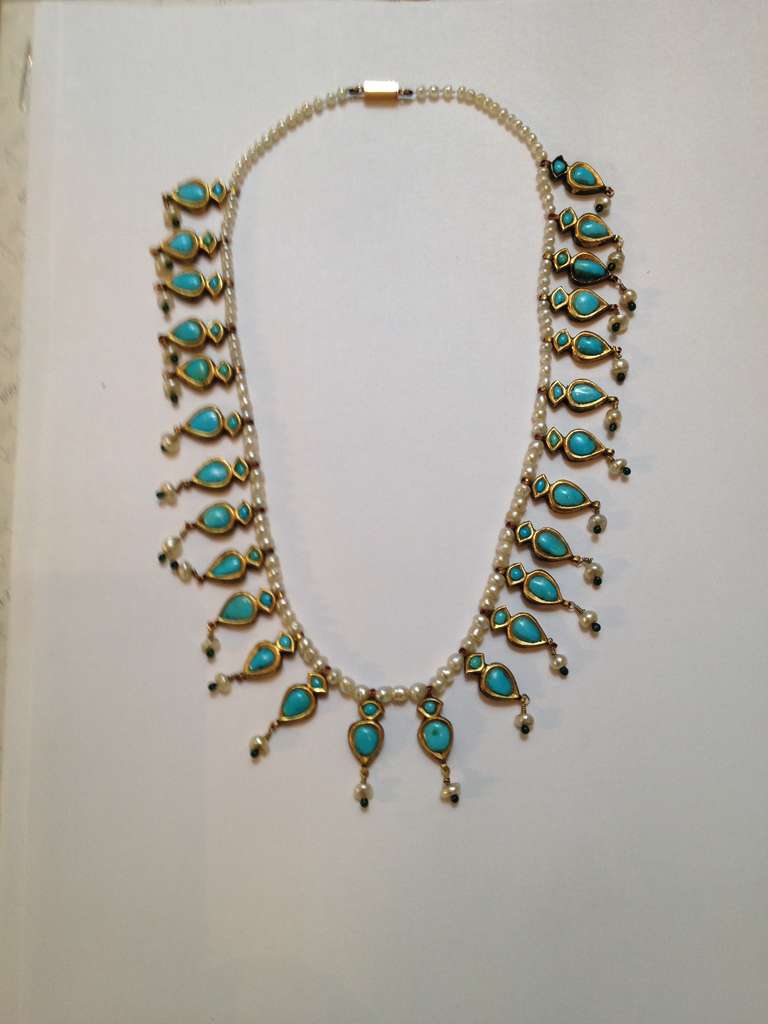 Art Deco 1920's Turquoise, Enamel And Pearl  With Gold Leaflets Reversible Necklace