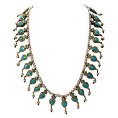 1920's Turquoise, Enamel And Pearl  With Gold Leaflets Reversible Necklace