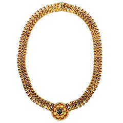 1890s Gold and Enamel Floral Herringbone Necklace