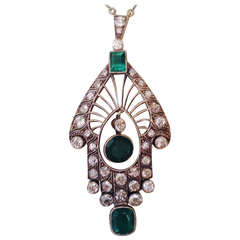 Art Deco Emerald Diamond Platinum Drop Pendant Necklace