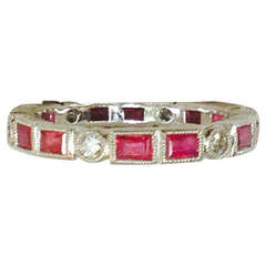 1950s Ruby Diamond Platinum Engraved Eternity Band Size 6