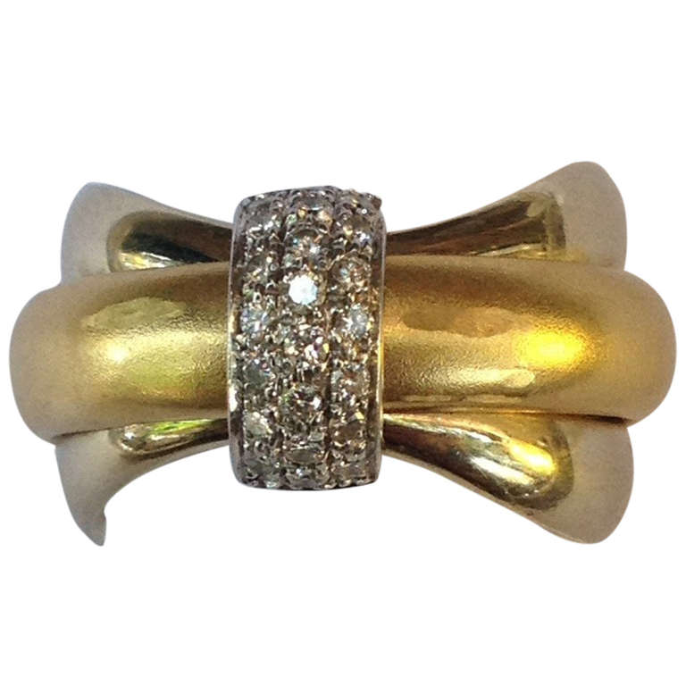 1980's POMELLATO Triple Swivel Layered Gold Bands Ring With Diamonds
