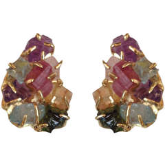 1950's Large Handmade Carved Nugget Gemstone Gold Earclips