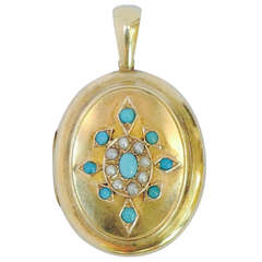Victorian Turquoise and Pearl Gold Double Sided Locket Pendant