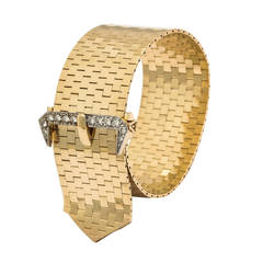 1940s Elegant Diamond Gold Brick Mesh Belt Buckle Bracelet