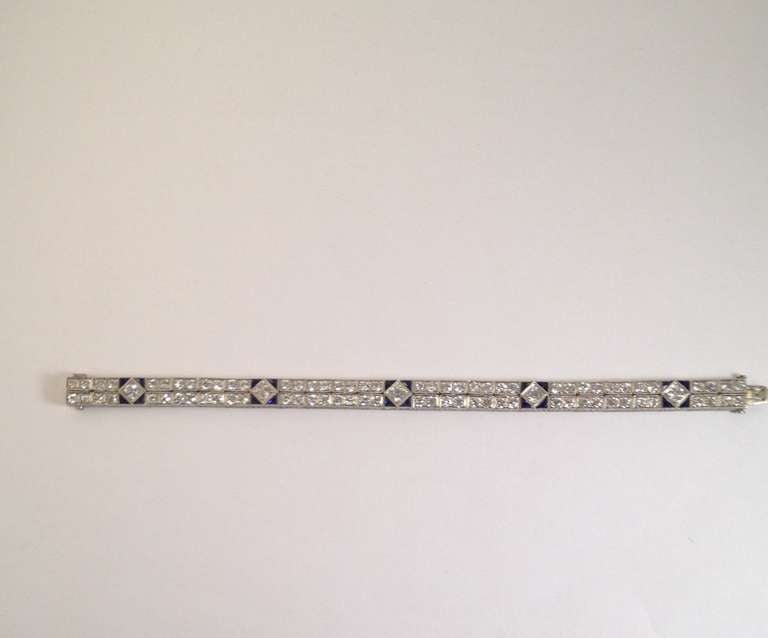 Art Deco Sapphire Diamond Platinum Double Straightline Flexible Bracelet
